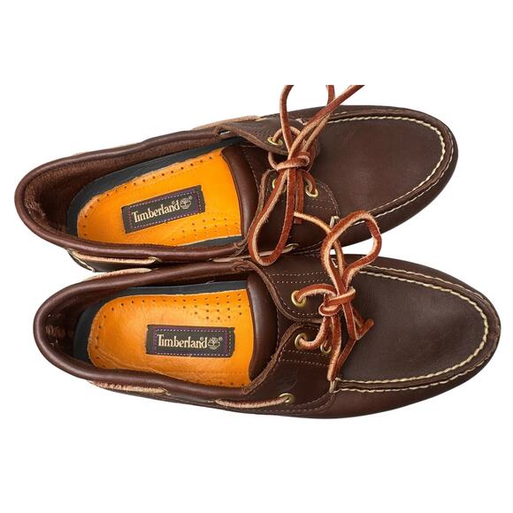 Vtg Timberland Brown Leather White Sole 2 Eye Boat Shoes 74035 Preppy Men Sz 9.5 - Picture 3 of 16